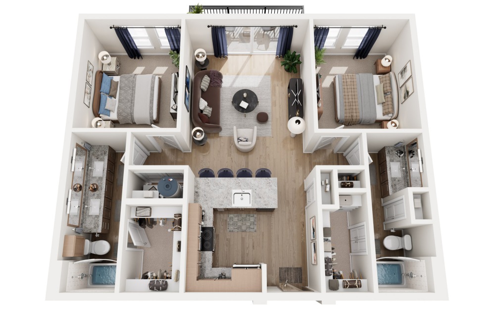 B1 - 2 bedroom floorplan layout with 2 bathrooms and 1044 square feet