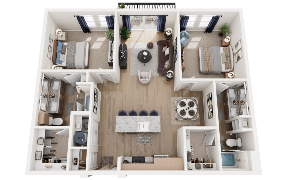 B2 - 2 bedroom floorplan layout with 2 bathrooms and 1209 square feet