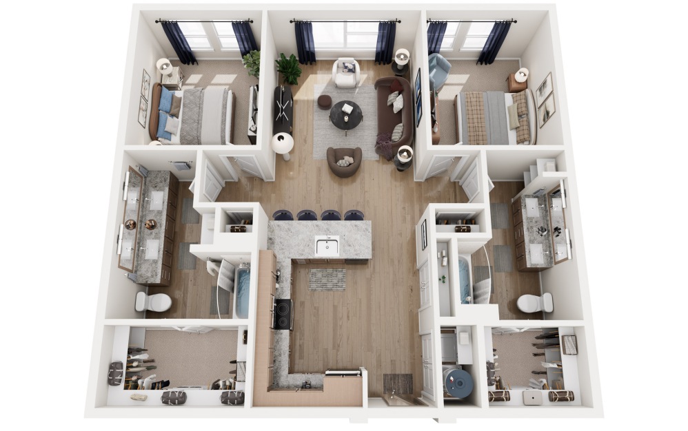 B3 - 2 bedroom floorplan layout with 2 bathrooms and 1198 square feet