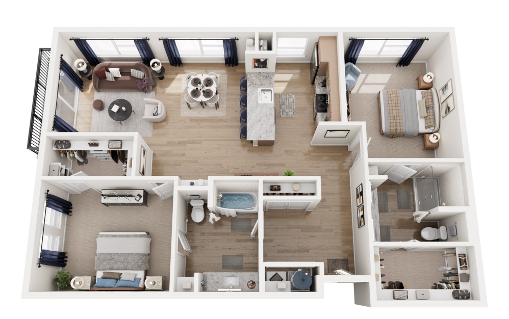B6 - 2 bedroom floorplan layout with 2 bathrooms and 1442 square feet