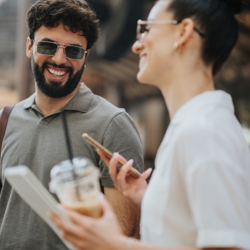 a man and a woman talking